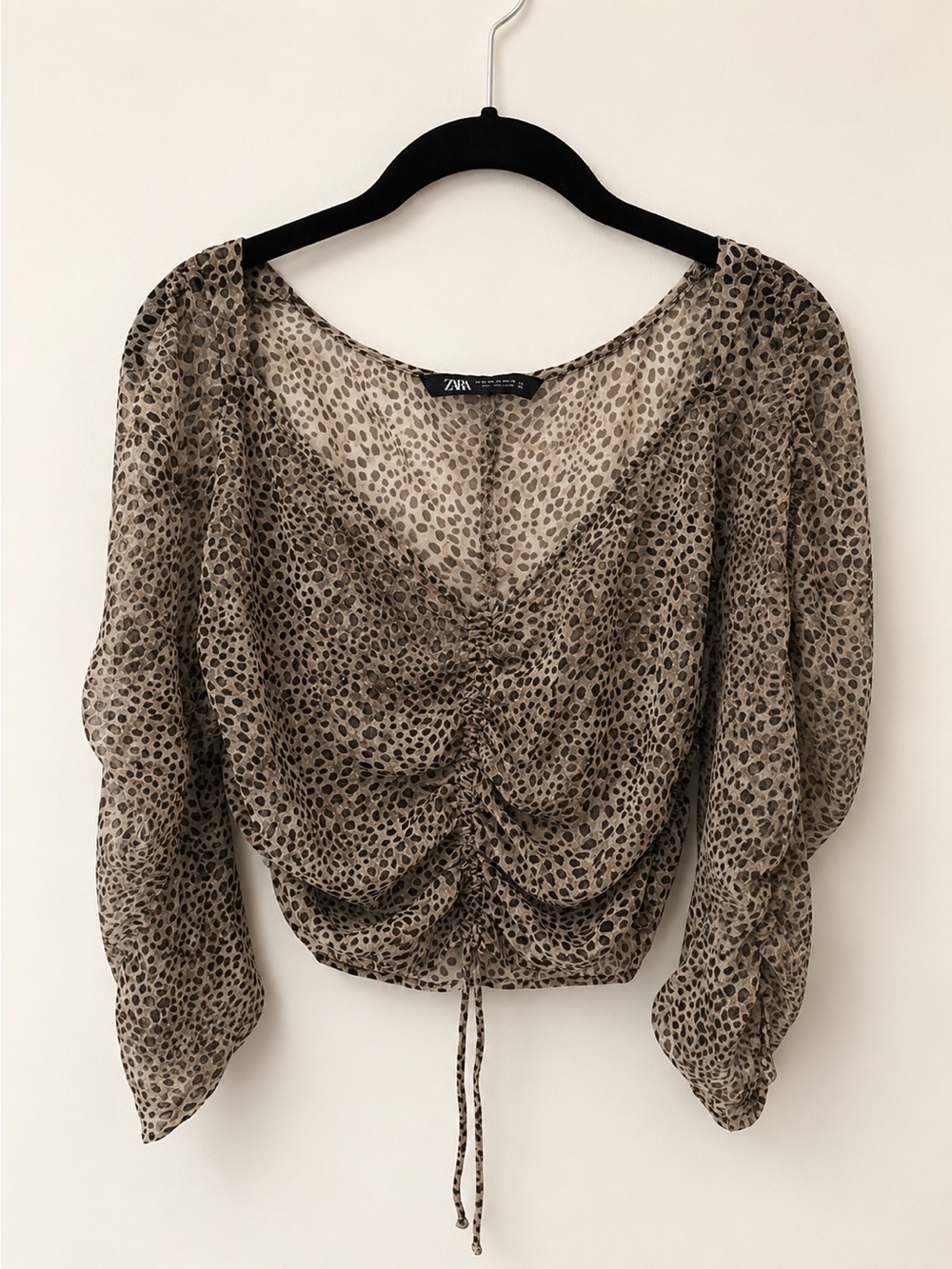 Zara Beige Brown Animal-Print Ruched Sheer Top